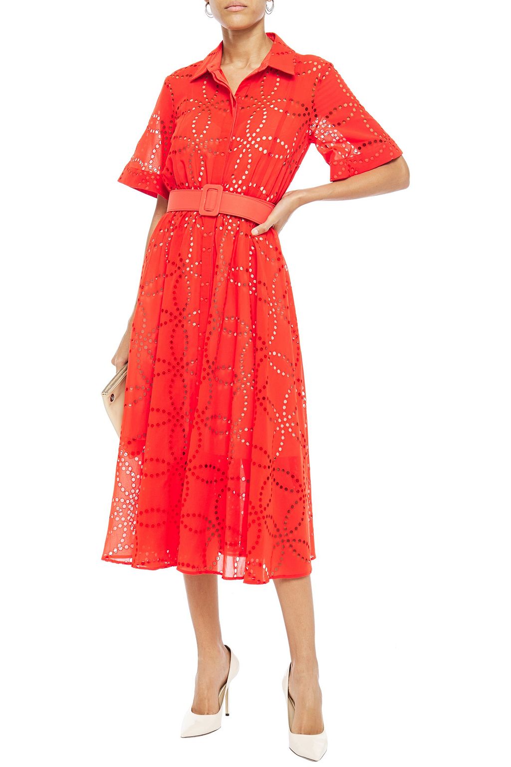 OSCAR DE LA RENTA Belted broderie anglaise cotton midi dress