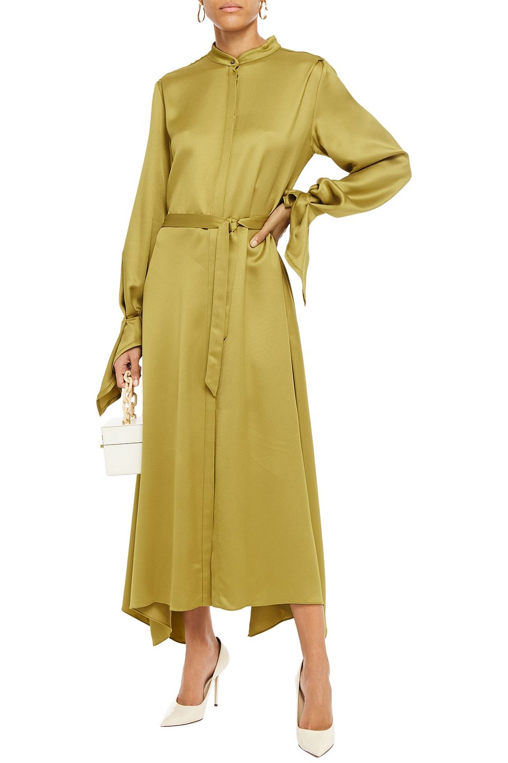 ROLAND MOURET Asymmetric belted satin-crepe midi dress