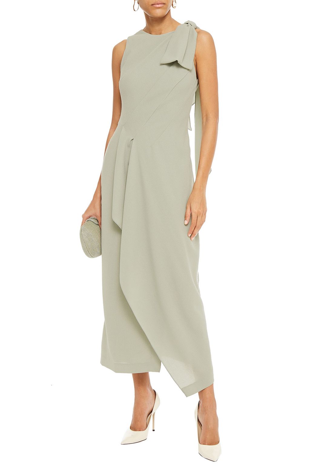 ROLAND MOURET Bow-detailed draped wool-crepe midi dress
