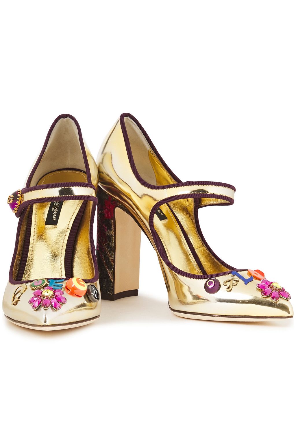 DOLCE&GABBANA Embellished printed mirrored-leather Mary Jane pumps