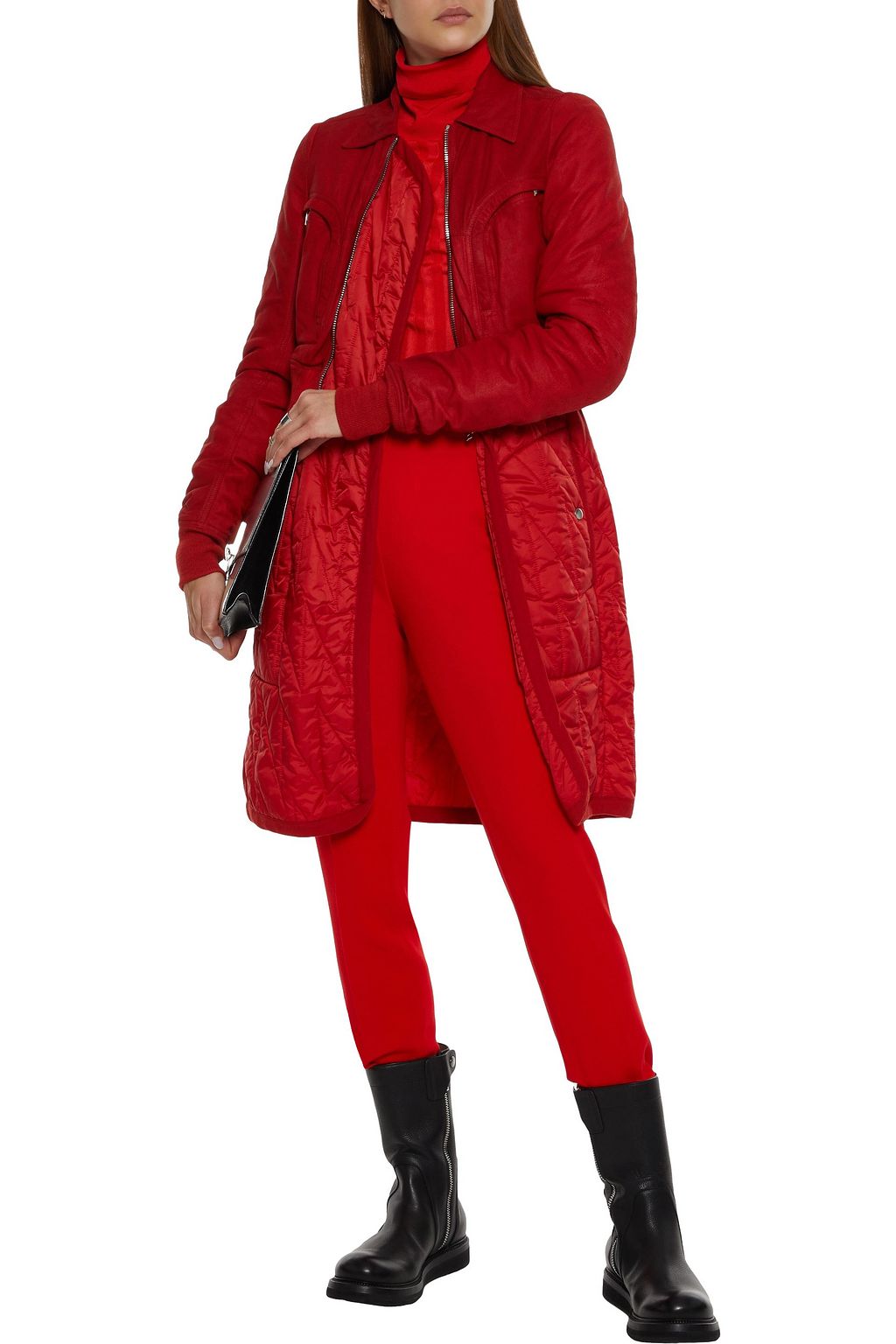 RICK OWENS Layered distressed leather and quilted shell coat