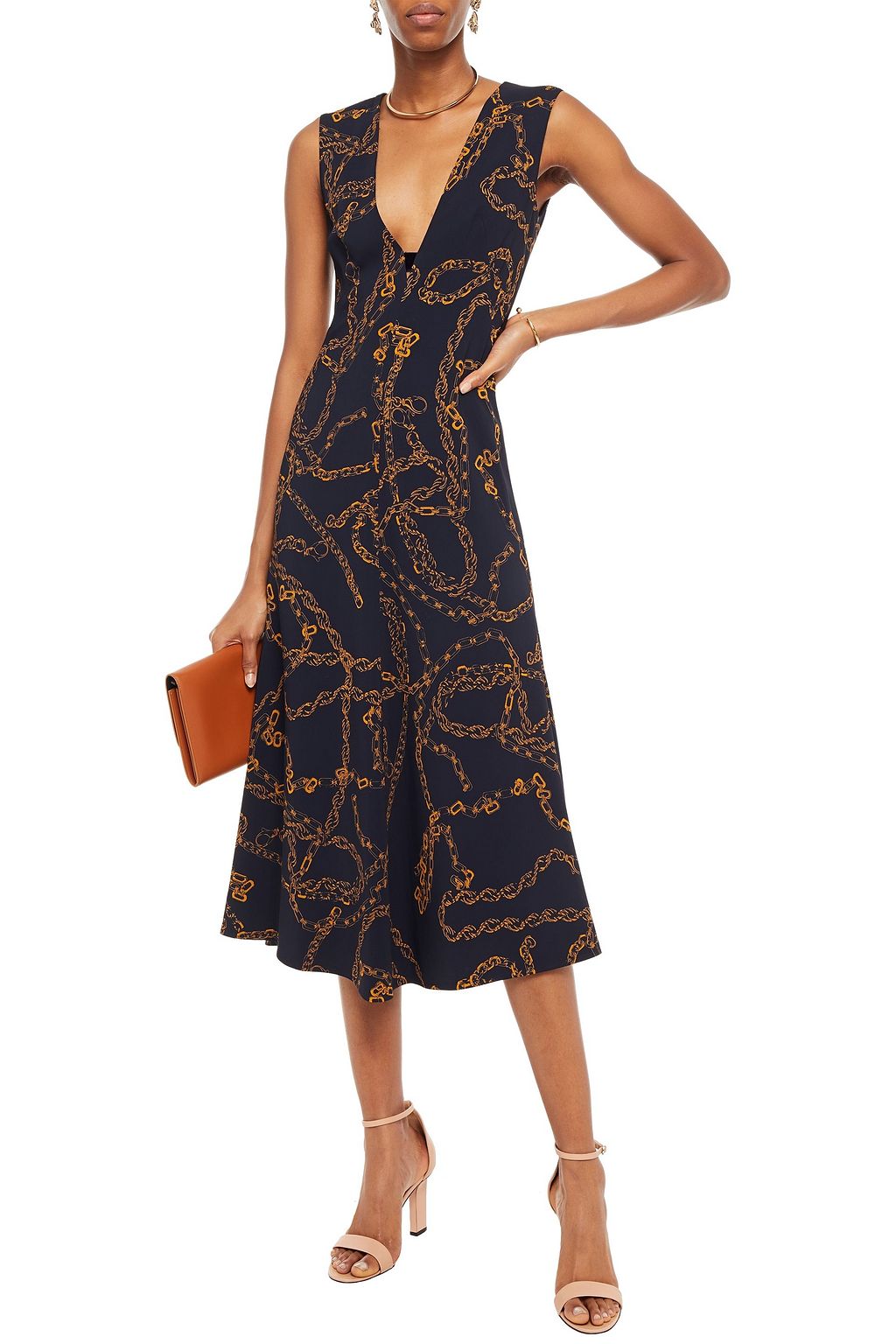 VICTORIA BECKHAM Velvet-trimmed printed stretch-cady midi dress