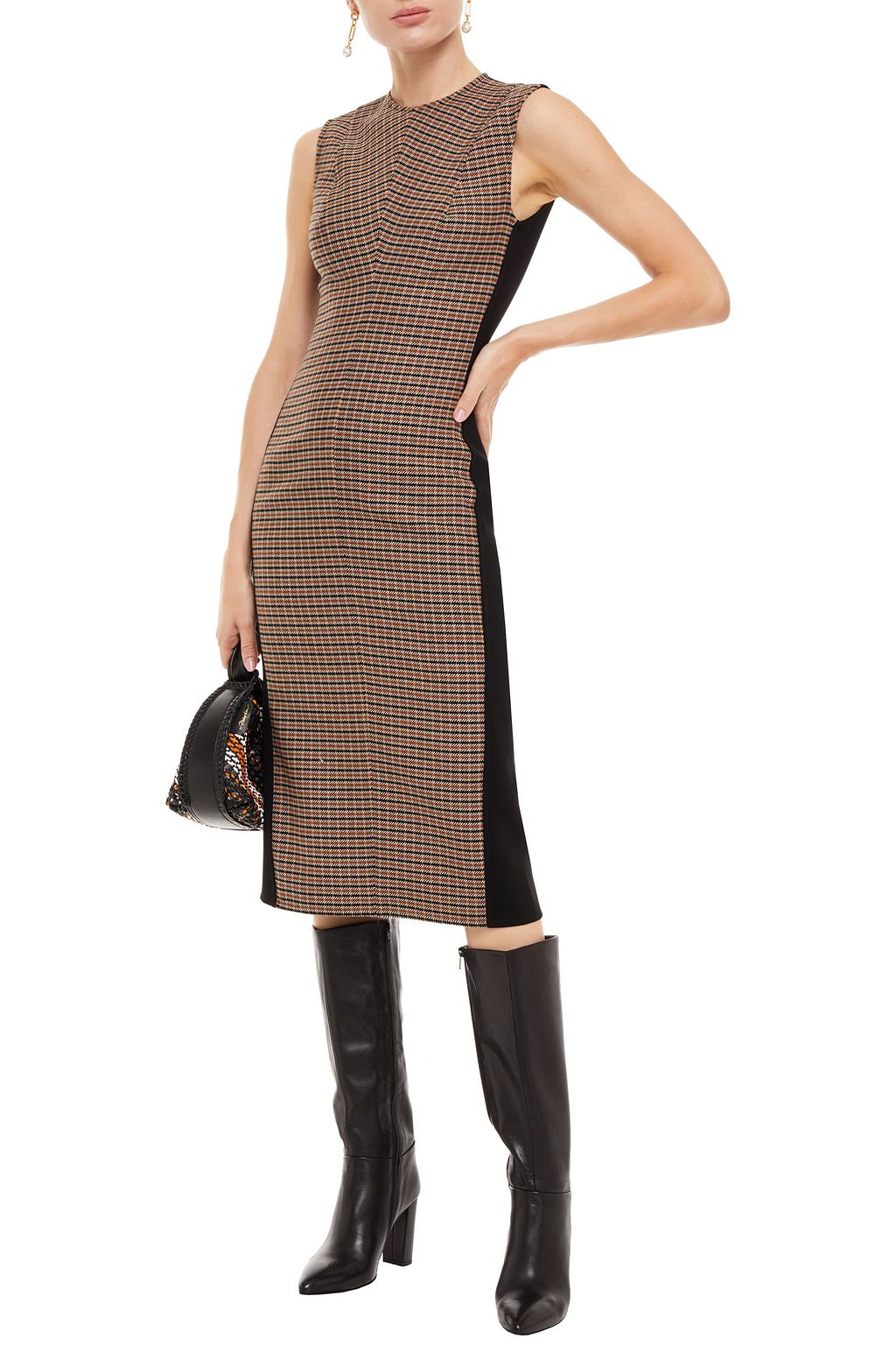 VICTORIA BECKHAM Paneled checked tweed and crepe dress