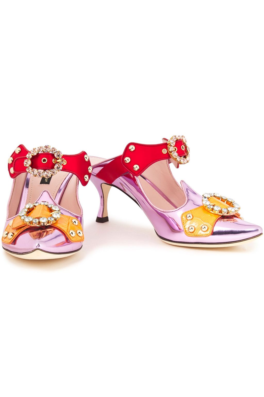 DOLCE&GABBANA Aladino buckled embellished mirrored-leather mules