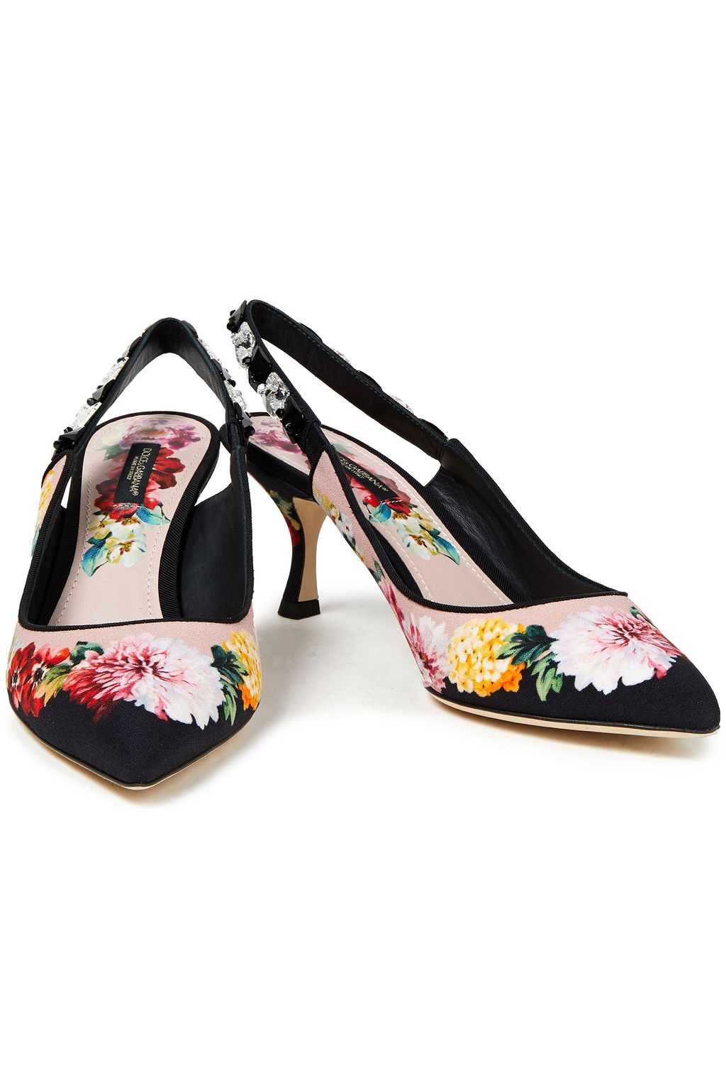 DOLCE&GABBANA Lori crystal-embellished floral-print cady slingback pumps