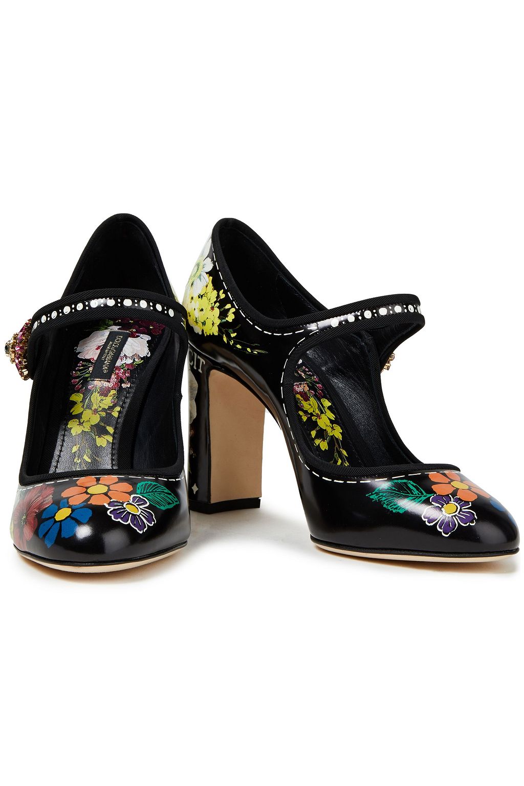 DOLCE&GABBANA Embellished printed glossed-leather Mary Jane pumps