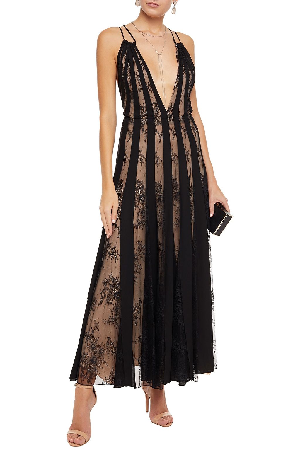 OSCAR DE LA RENTA Pleated Chantilly lace and silk crepe de chine maxi dress