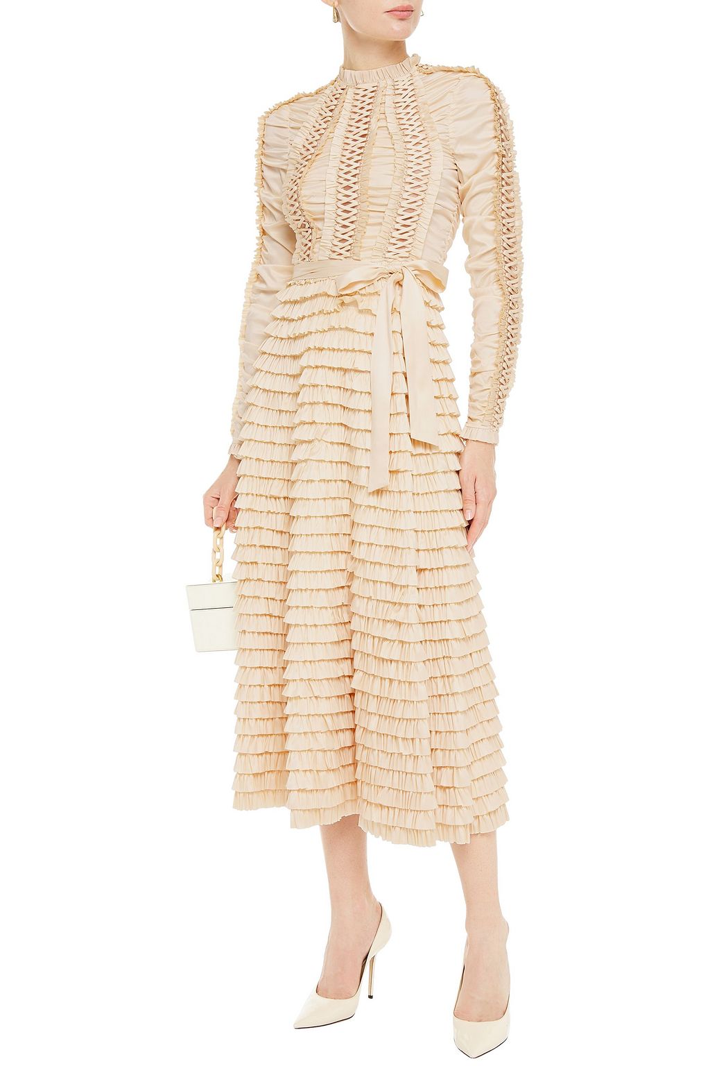 ZIMMERMANN Espionage tiered belted lace-up stretch-silk twill midi dress