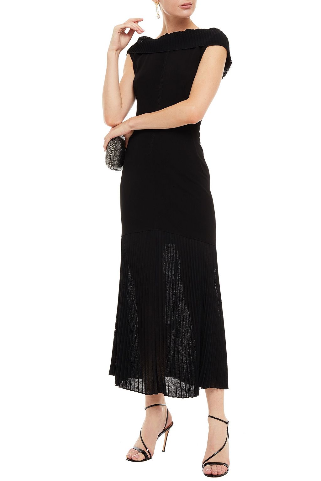 VICTORIA BECKHAM Off-the-shoulder pleated knitted and crepe maxi dress