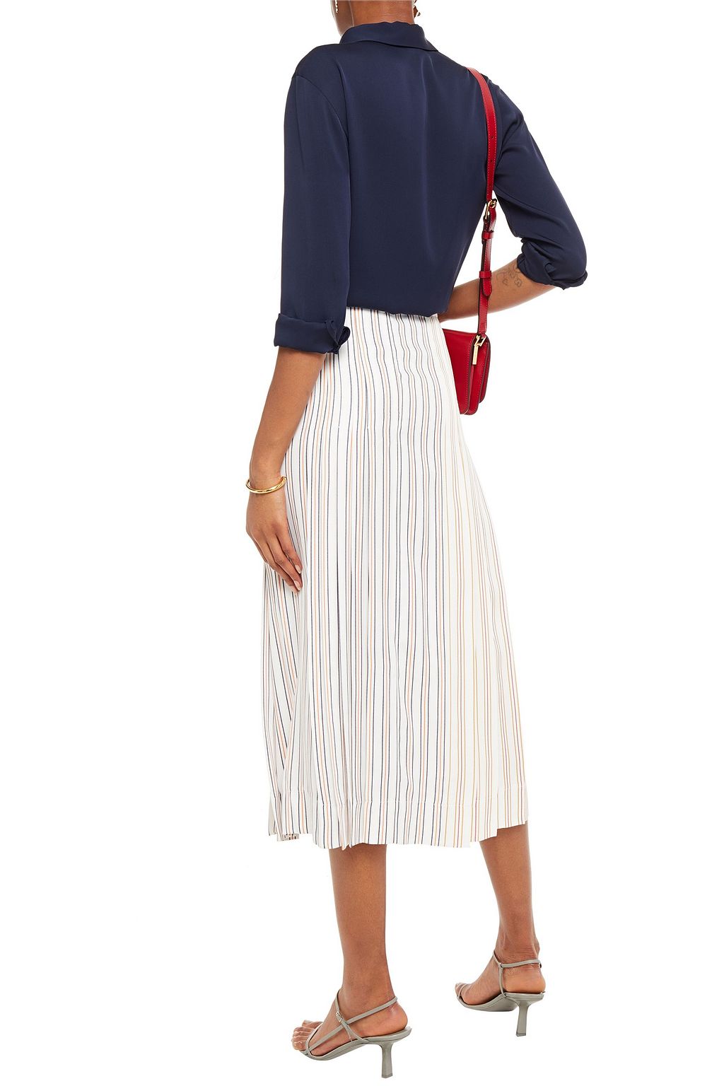 VICTORIA BECKHAM Pleated striped woven midi skirt