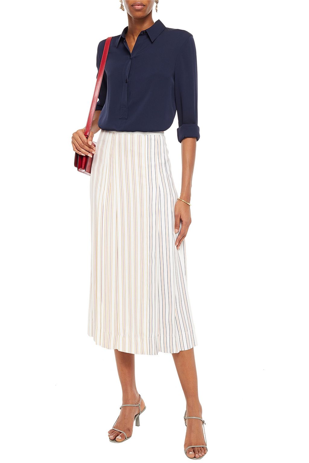VICTORIA BECKHAM Pleated striped woven midi skirt
