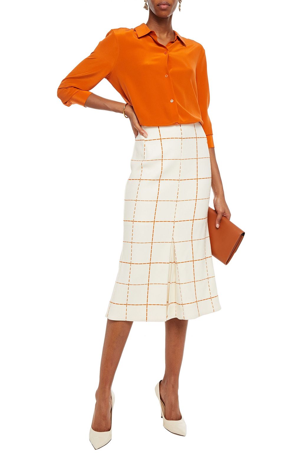 VICTORIA BECKHAM Pleated checked wool-blend twill midi skirt