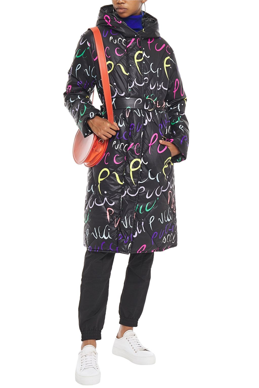 PUCCI Belted printed quilted shell hooded coat