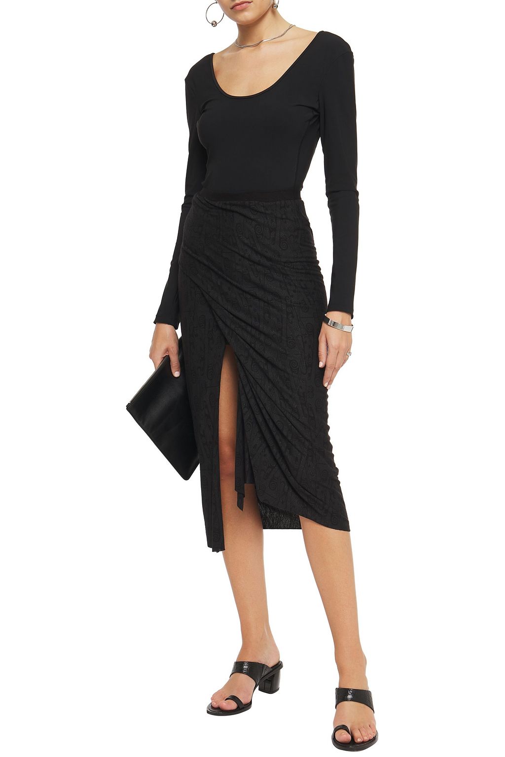 RICK OWENS LILIES Wrap-effect glittered printed jersey midi skirt