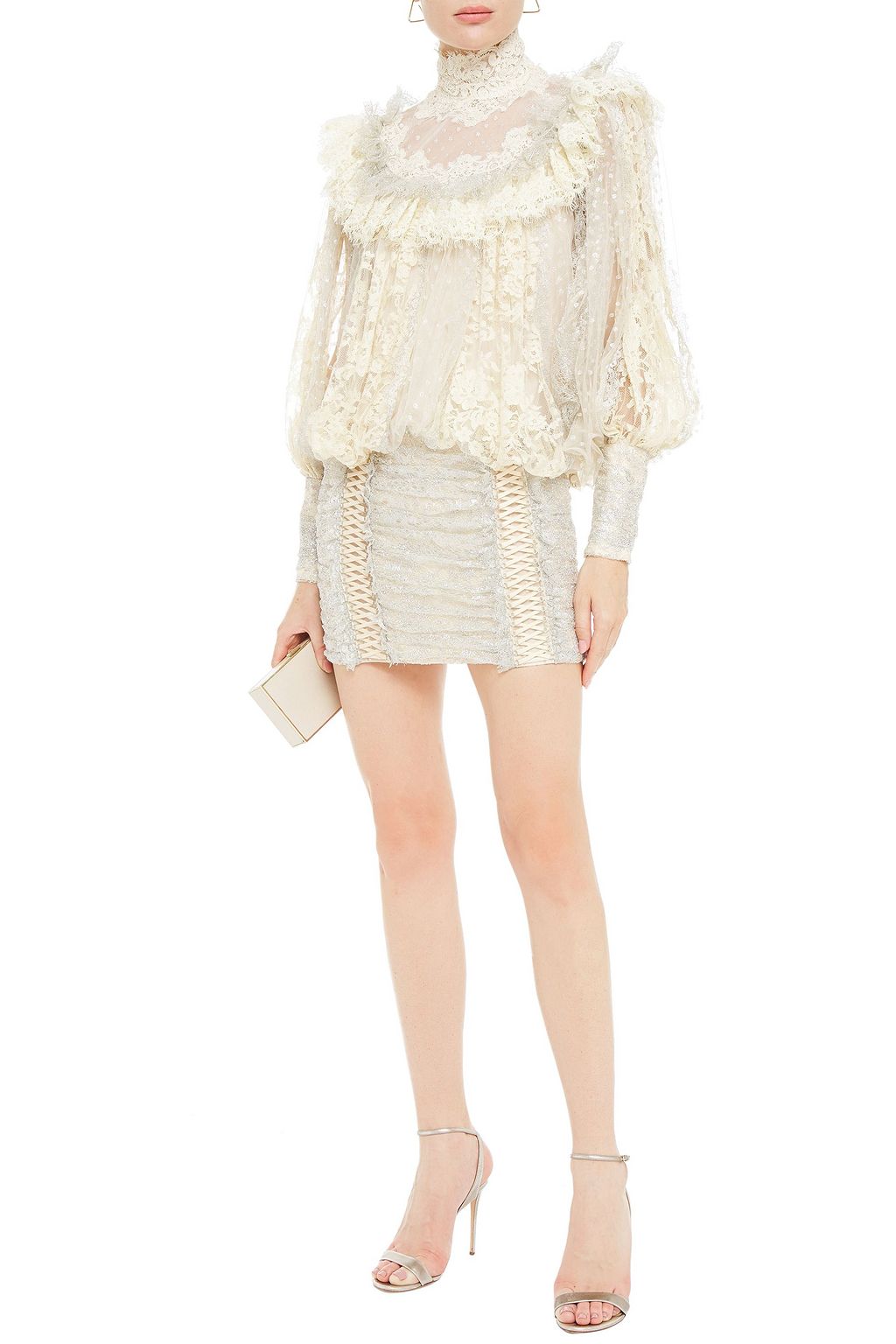 ZIMMERMANN Swiss-dot tulle-paneled ruffled metallic cotton-blend lace mini dress