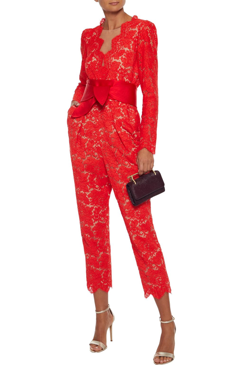 STELLA MCCARTNEY Pearl cropped belted cotton-blend corded lace jumpsuit