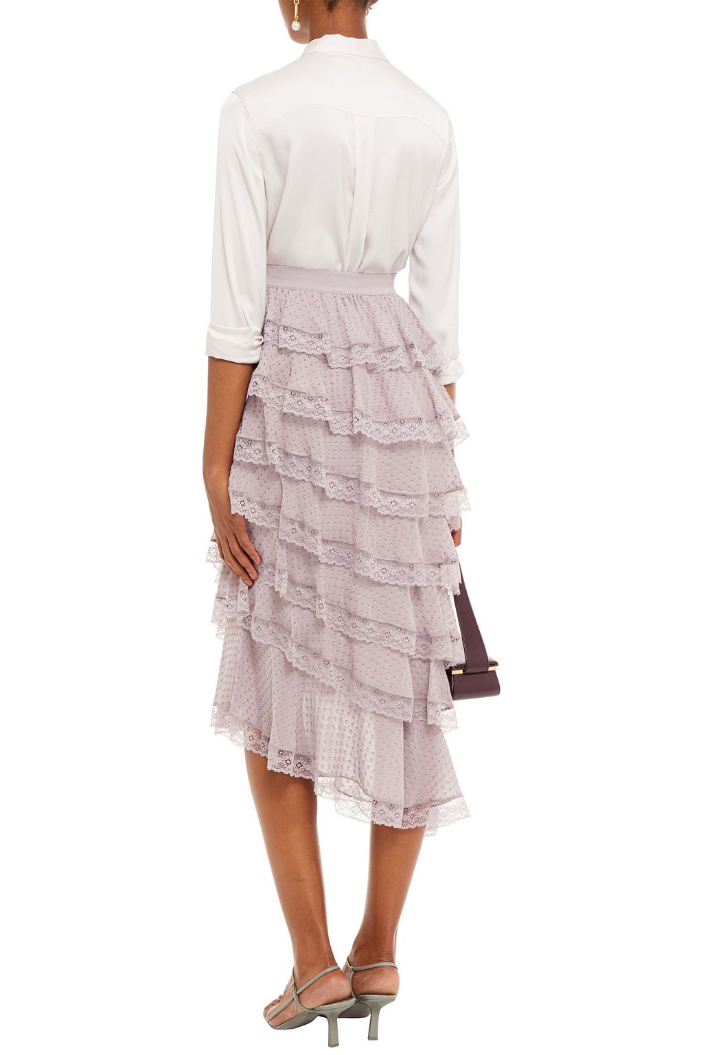 ZIMMERMANN Asymmetric tiered lace-trimmed fil coupé silk-blend skirt