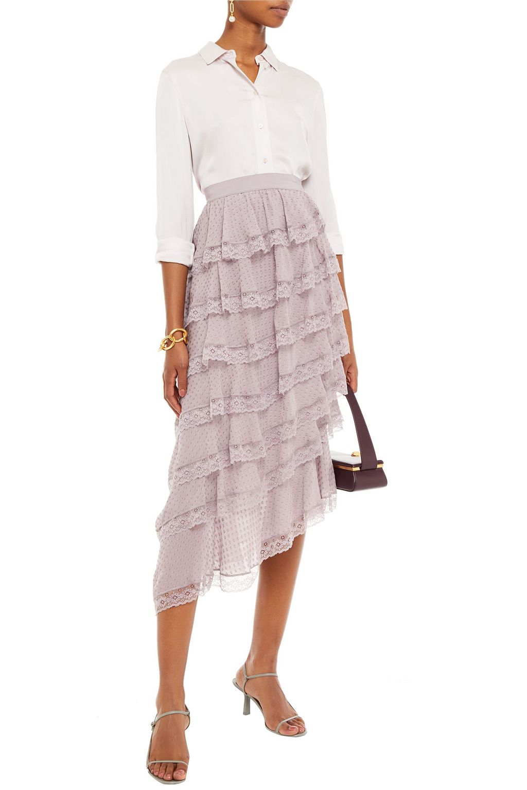 ZIMMERMANN Asymmetric tiered lace-trimmed fil coupé silk-blend skirt
