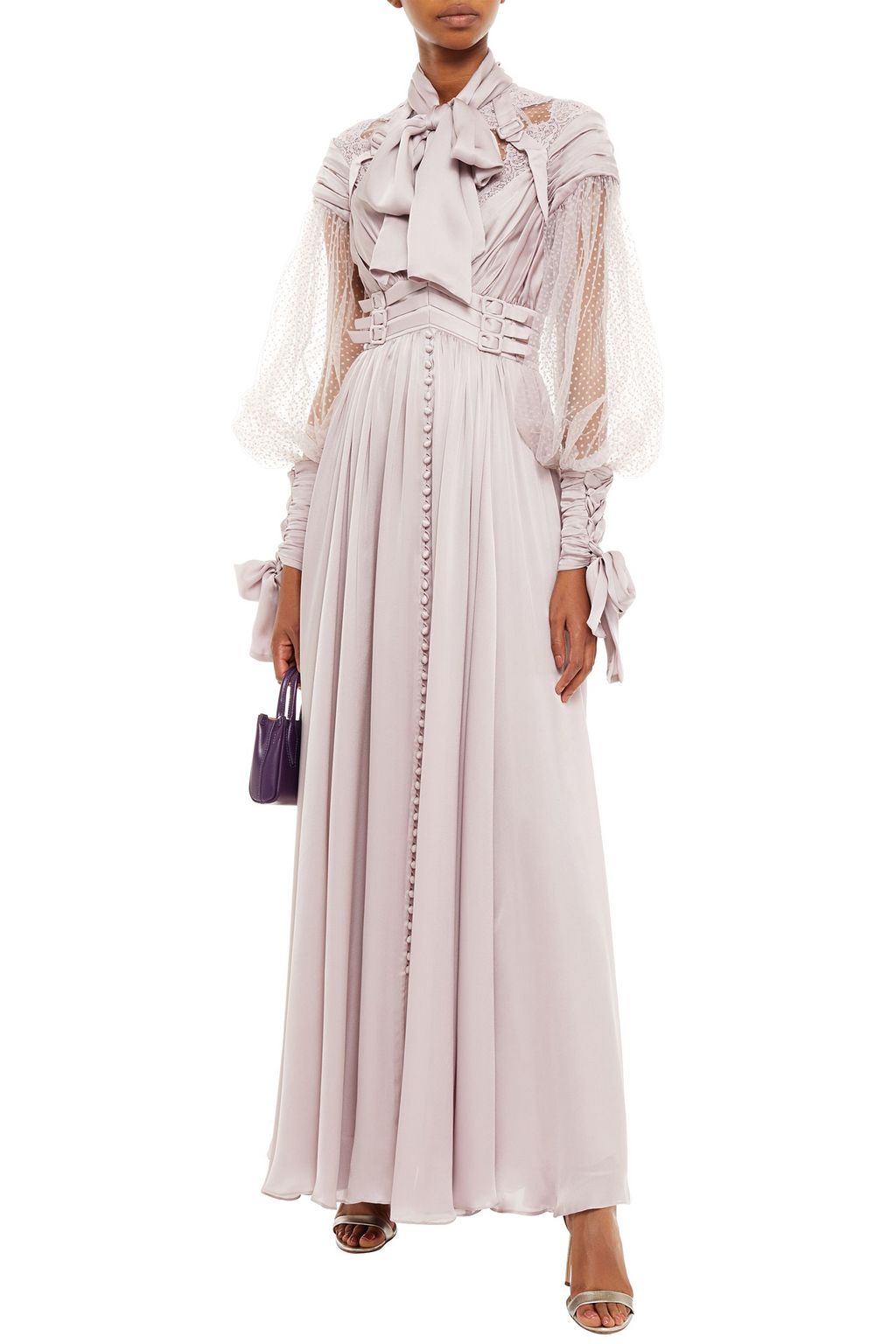 ZIMMERMANN Pussy-bow flocked tulle-paneled washed-silk maxi dress