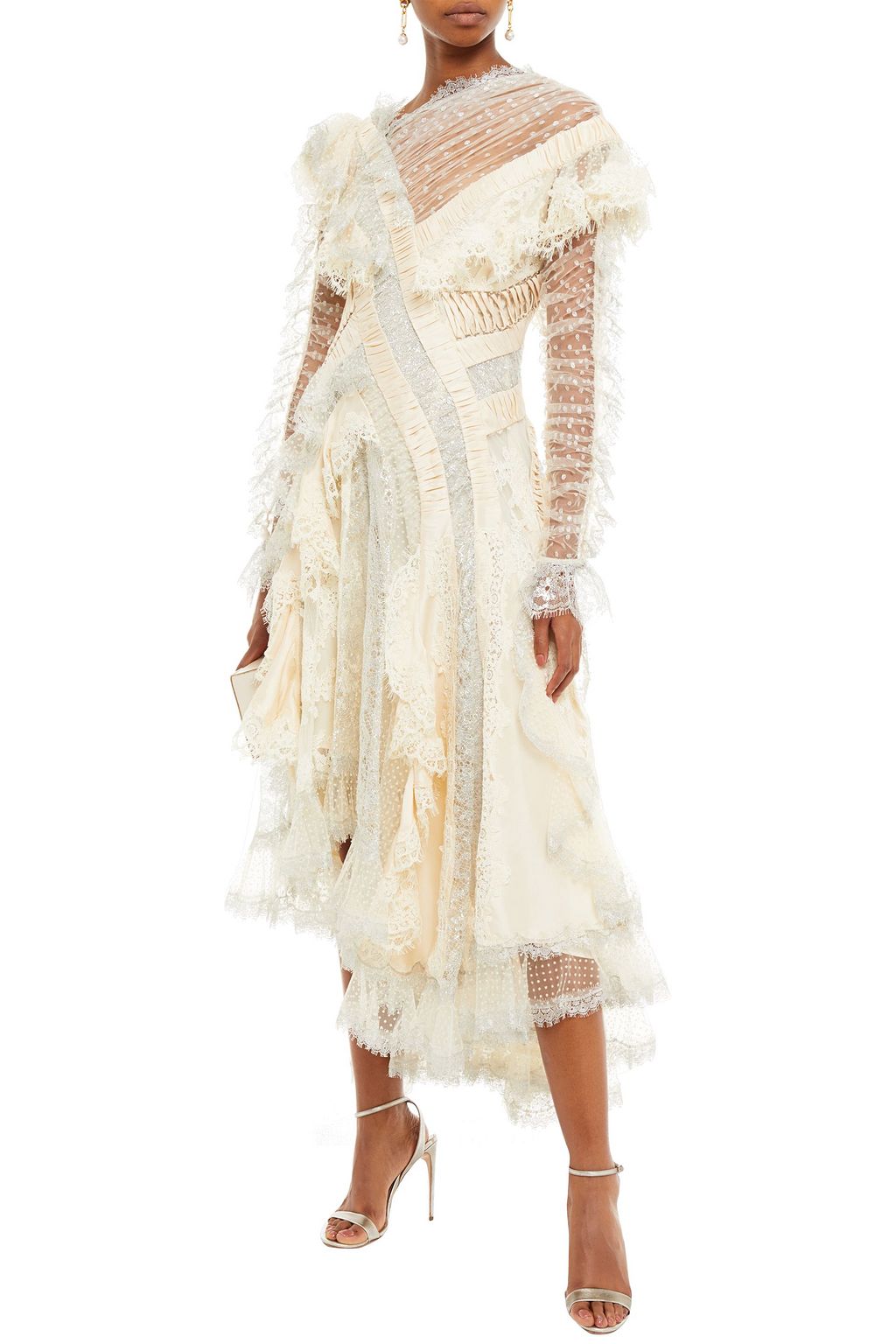 ZIMMERMANN Sabotage Swiss-dot tulle, metallic lace and silk crepe de chine midi dress