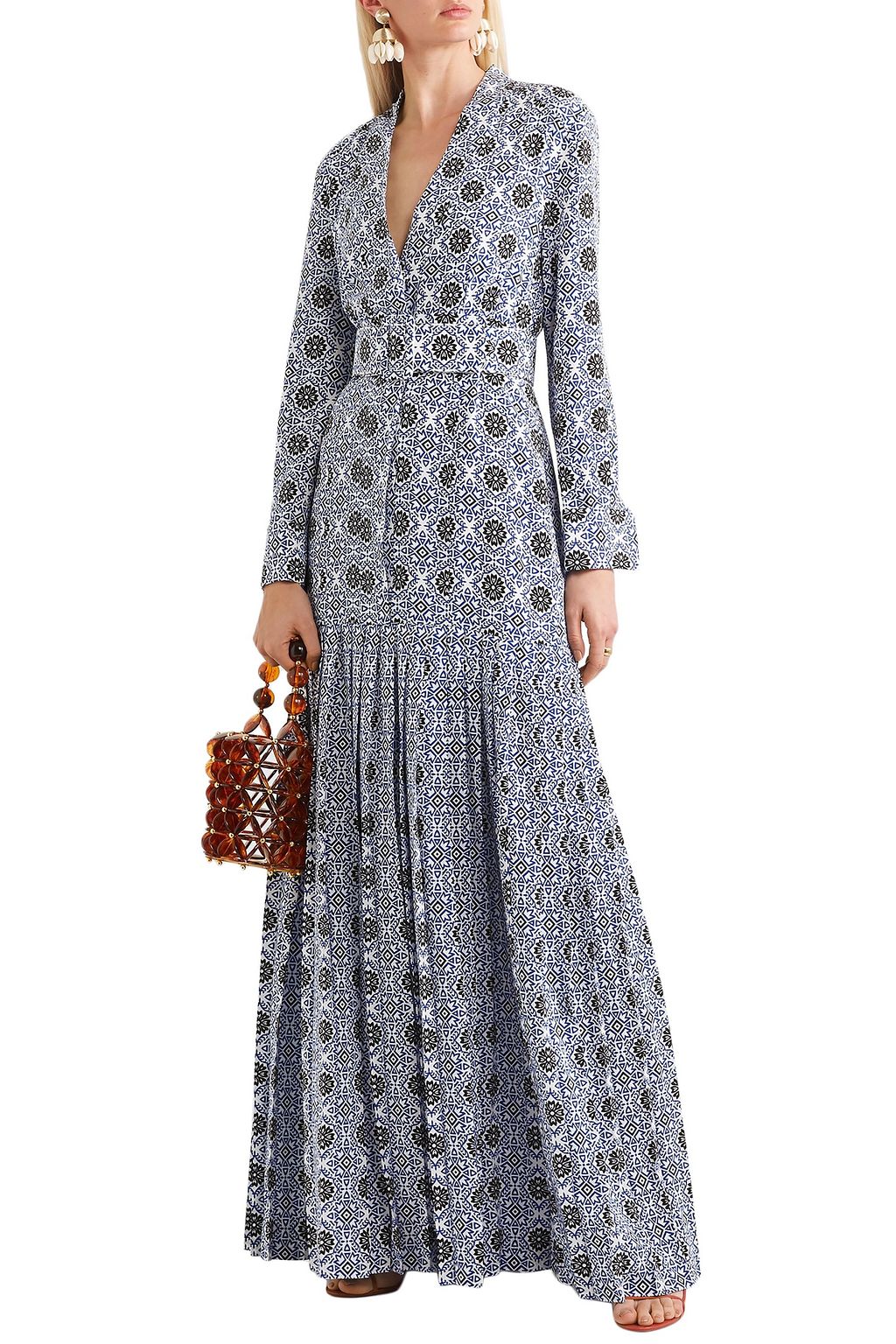 REBECCA DE RAVENEL Long Field belted printed silk crepe de chine maxi dress