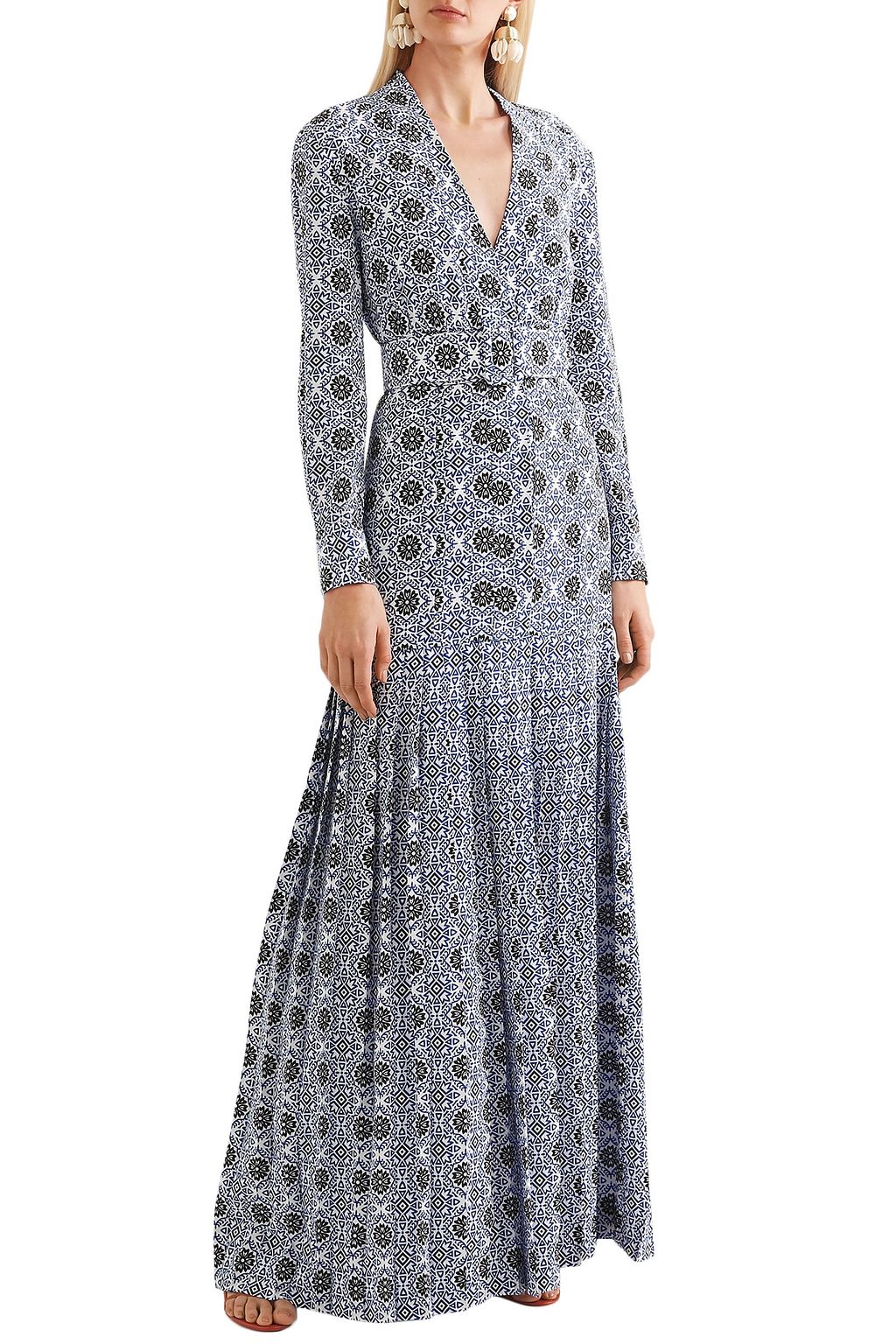 REBECCA DE RAVENEL Long Field belted printed silk crepe de chine maxi dress