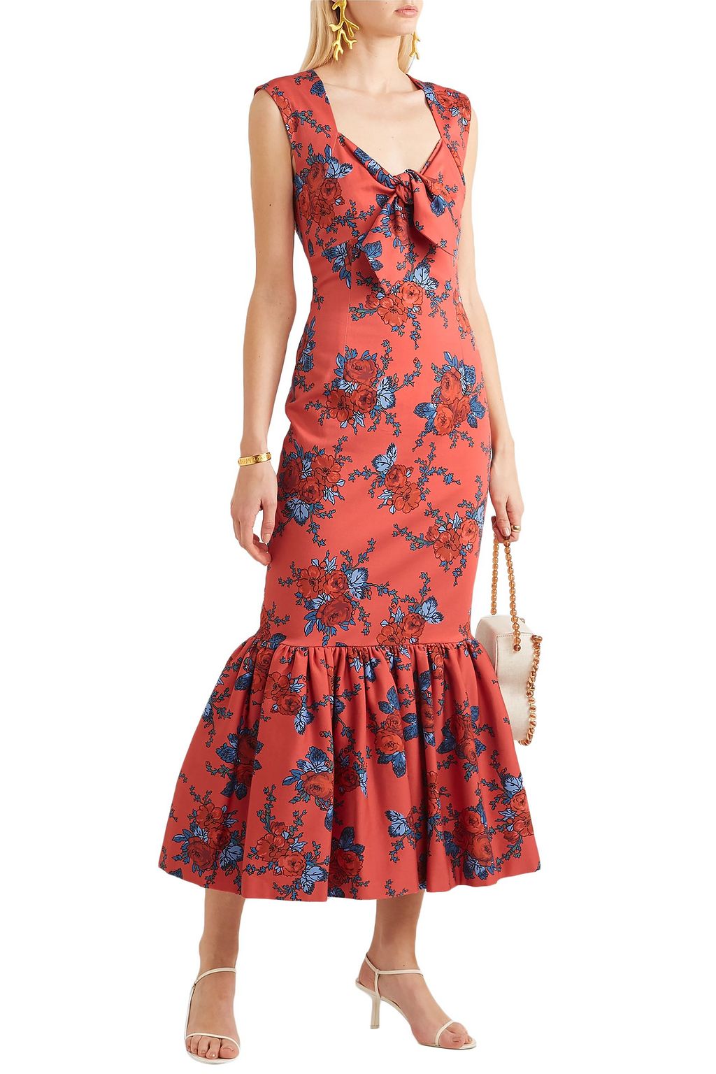 REBECCA DE RAVENEL Tie-detailed floral-print cotton-blend maxi dress