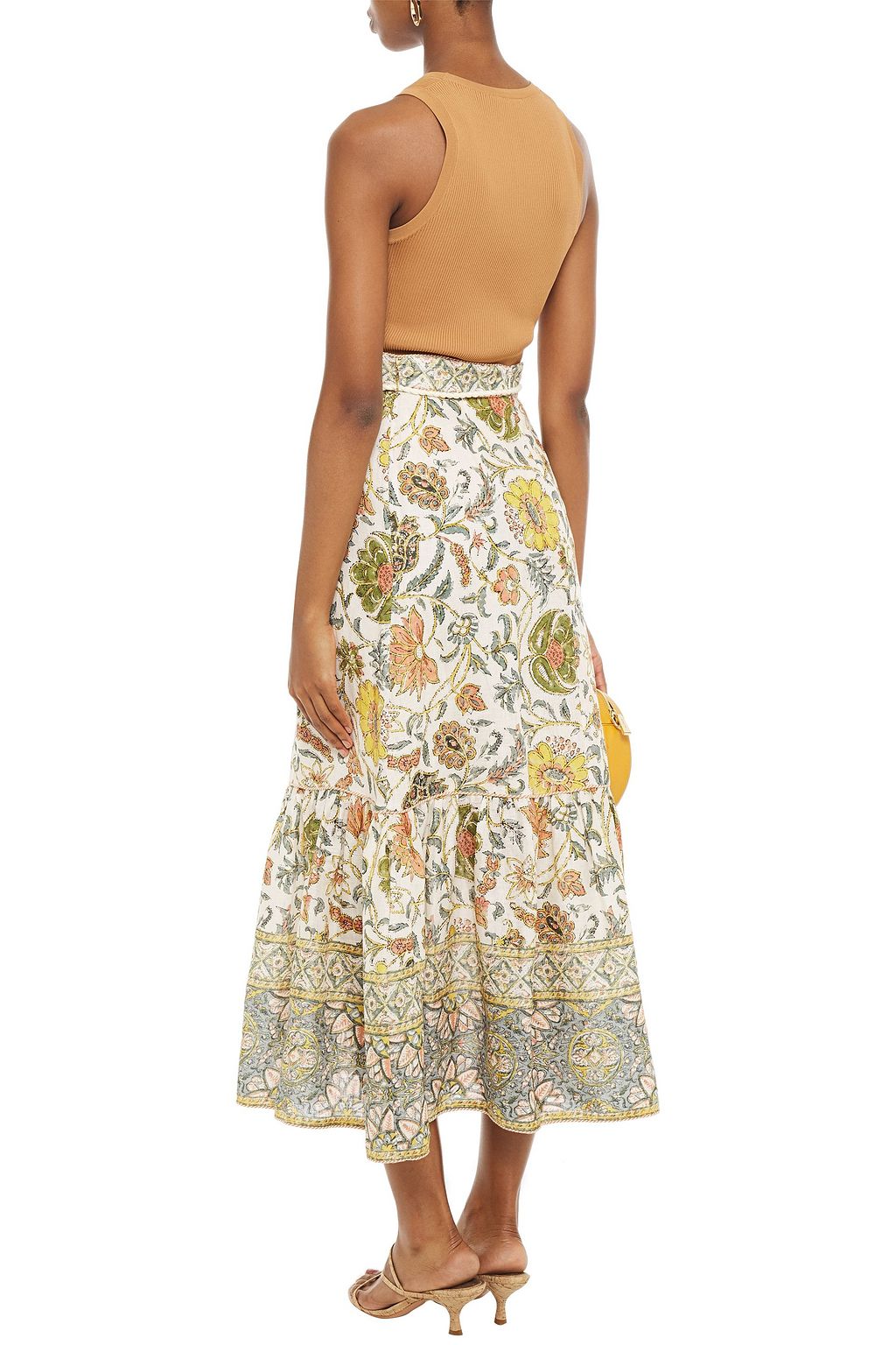 ZIMMERMANN Fluted floral-print linen midi skirt
