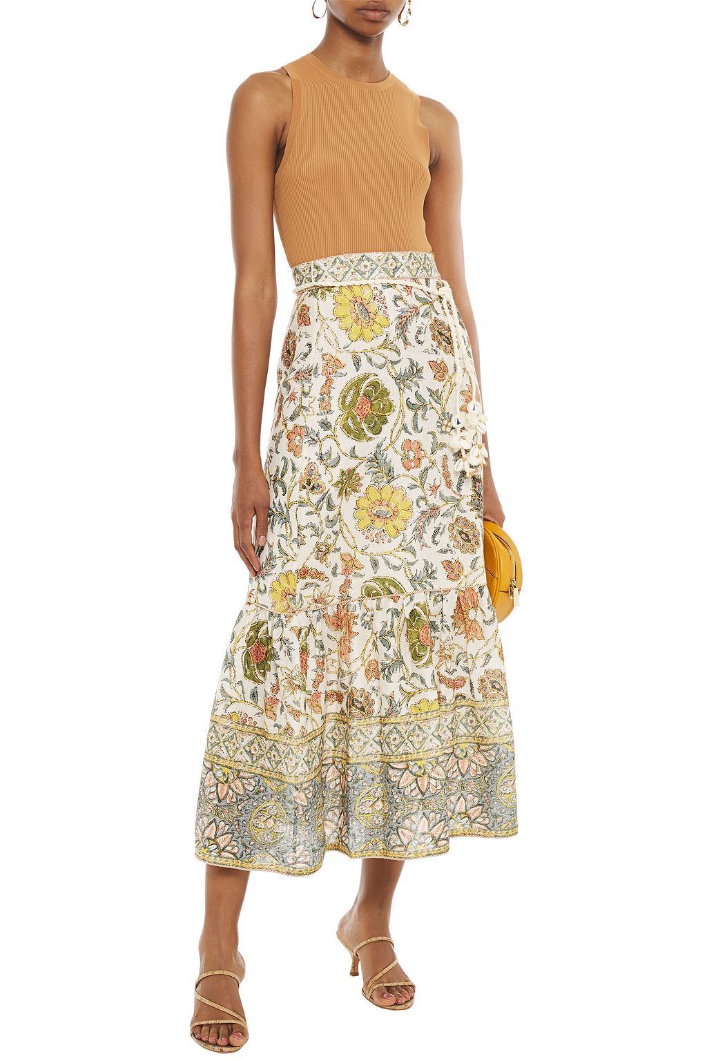 ZIMMERMANN Fluted floral-print linen midi skirt