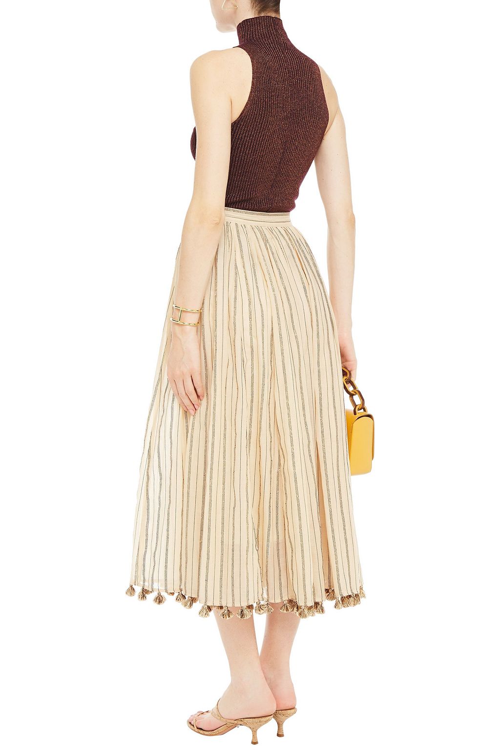 ZIMMERMANN Suraya tassel-trimmed metallic striped cotton-blend gauze midi skirt