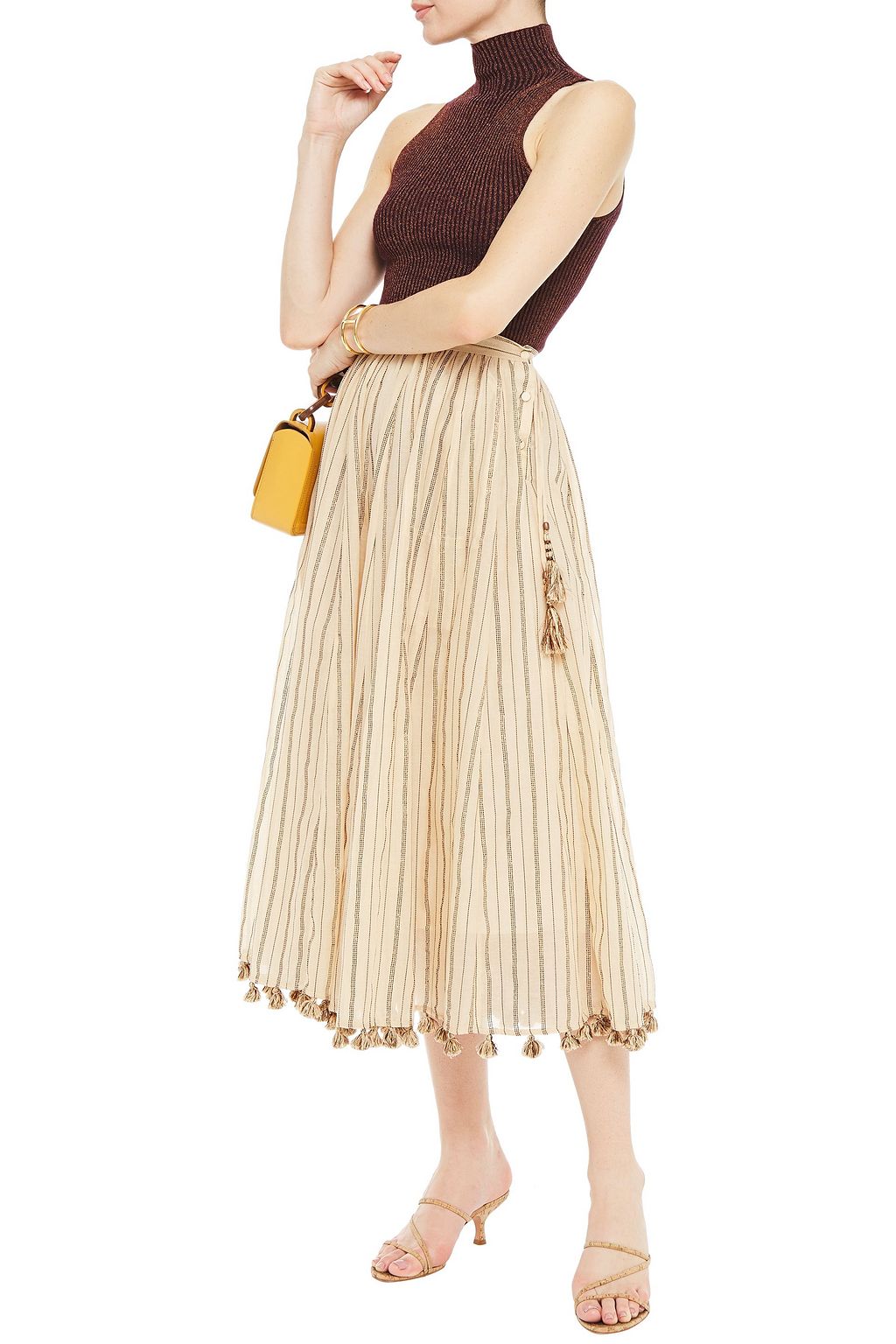 ZIMMERMANN Suraya tassel-trimmed metallic striped cotton-blend gauze midi skirt