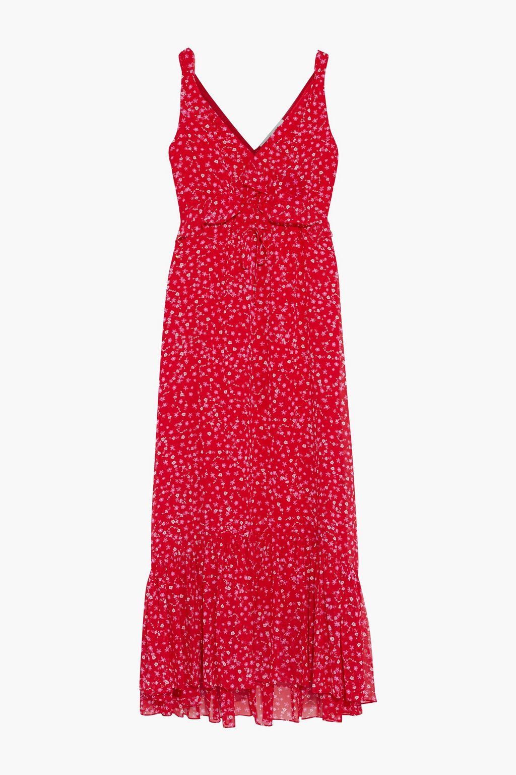 Misha ruffle trimmed floral print chiffon maxi dress red XS