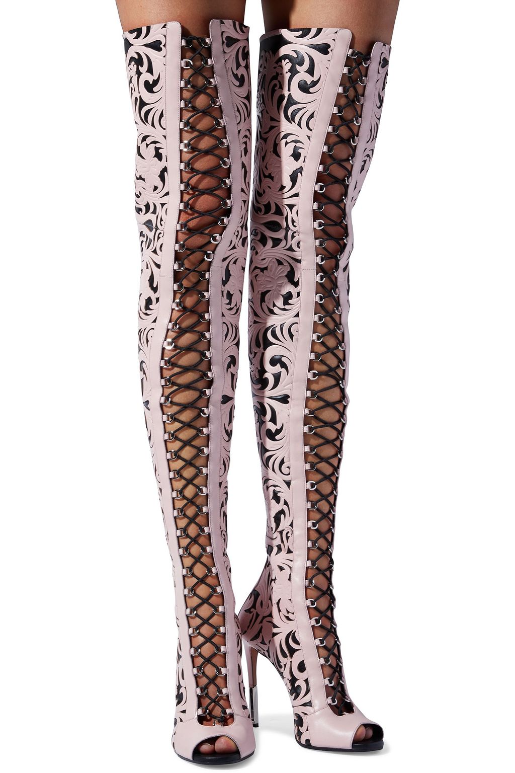 BALMAIN Campbell lace-up laser-cut leather thigh boots