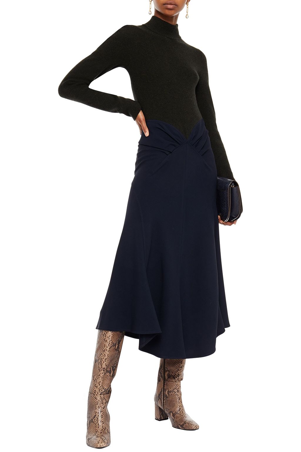 VICTORIA BECKHAM Ruched ribbed-knit and cady midi dress