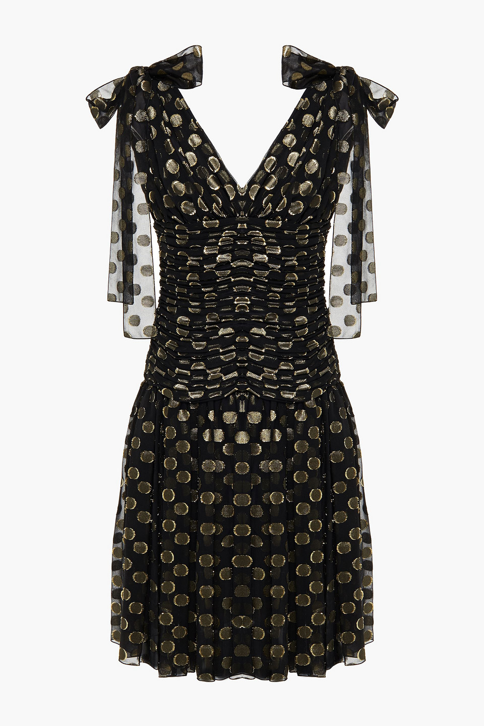 Ruched polka-dot metallic fil coupé silk-blend dress