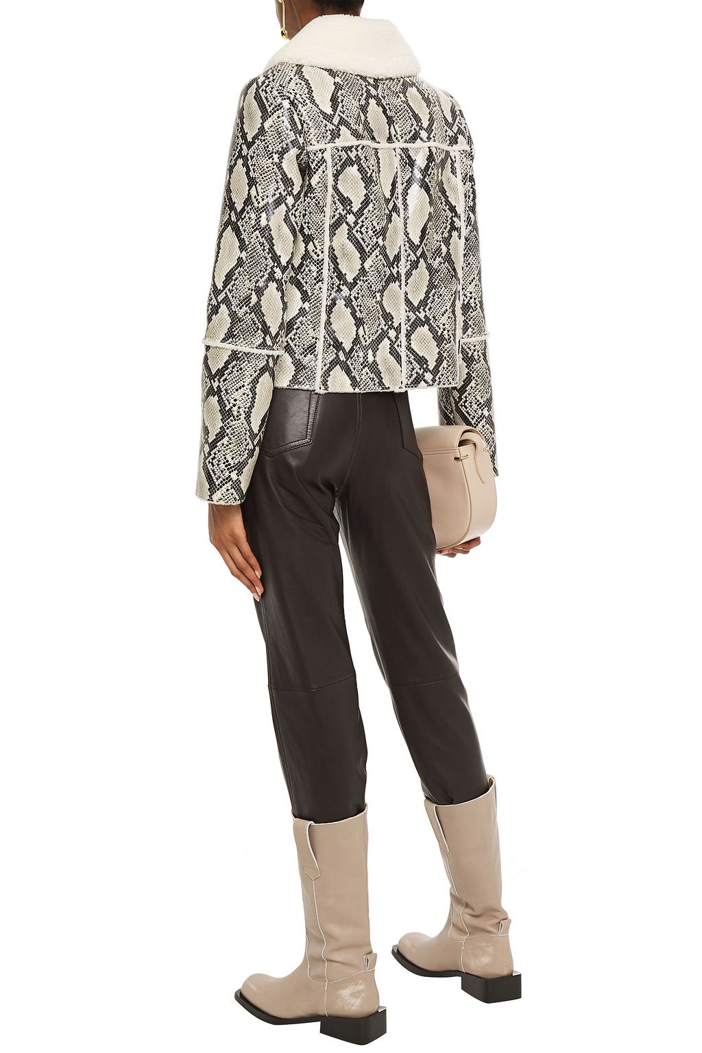 STAND STUDIO May faux fur-trimmed faux snake-effect leather jacket