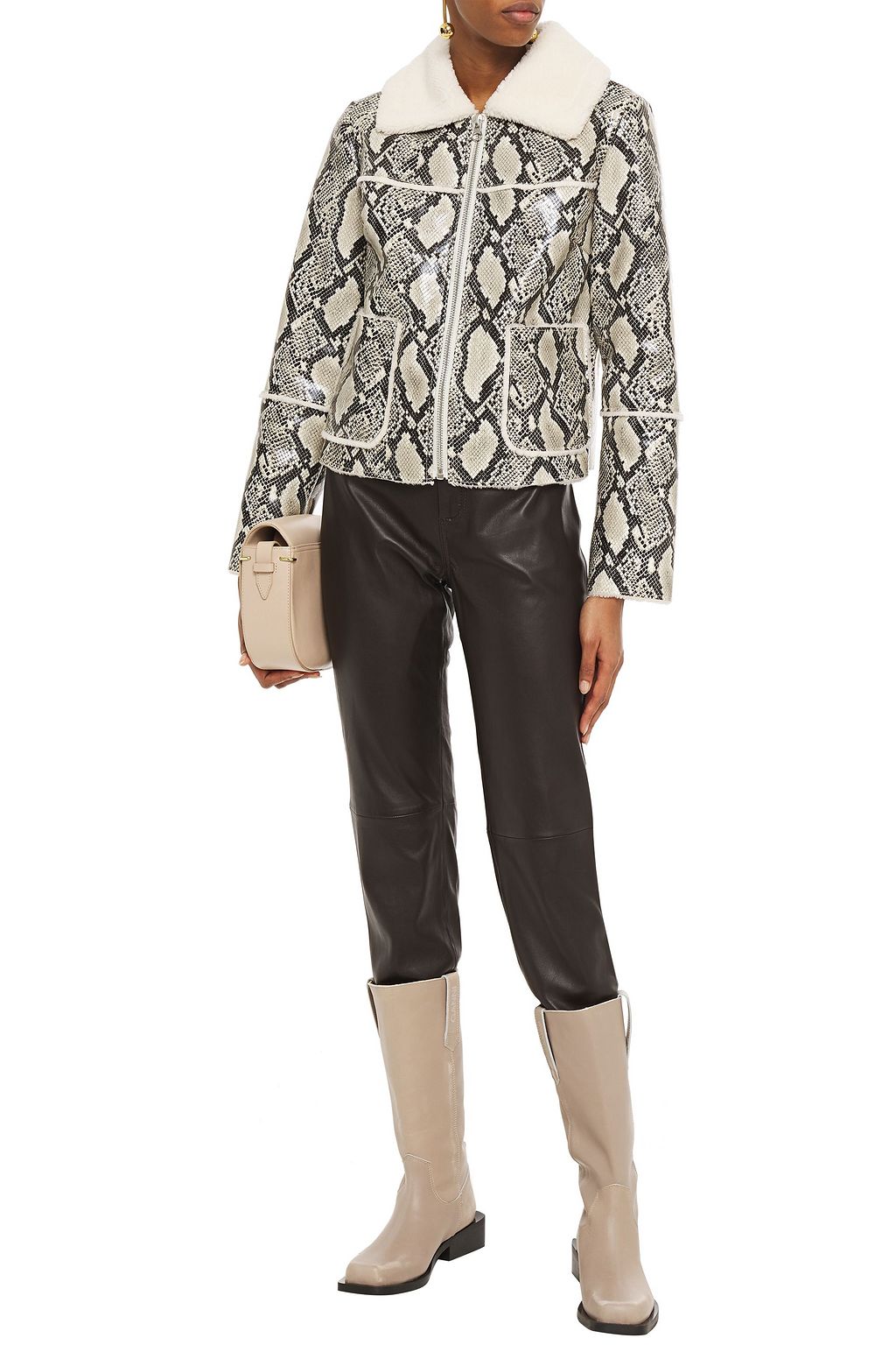 STAND STUDIO May faux fur-trimmed faux snake-effect leather jacket