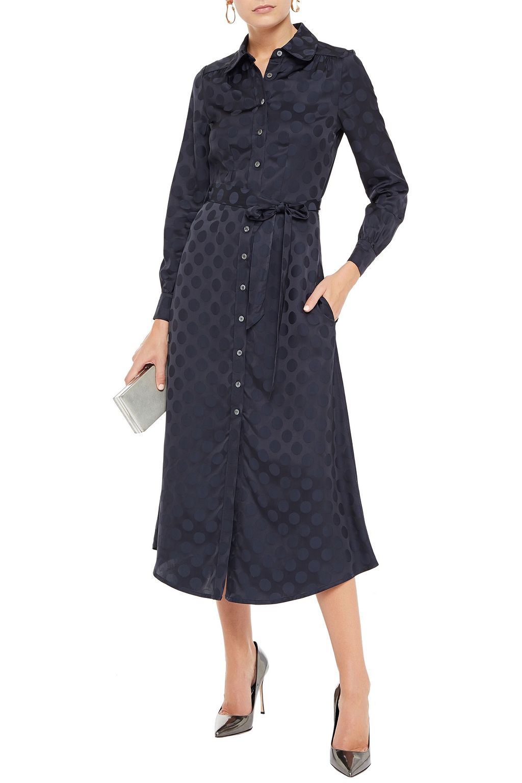 GOAT Geneva belted satin-jacquard midi shirt dress