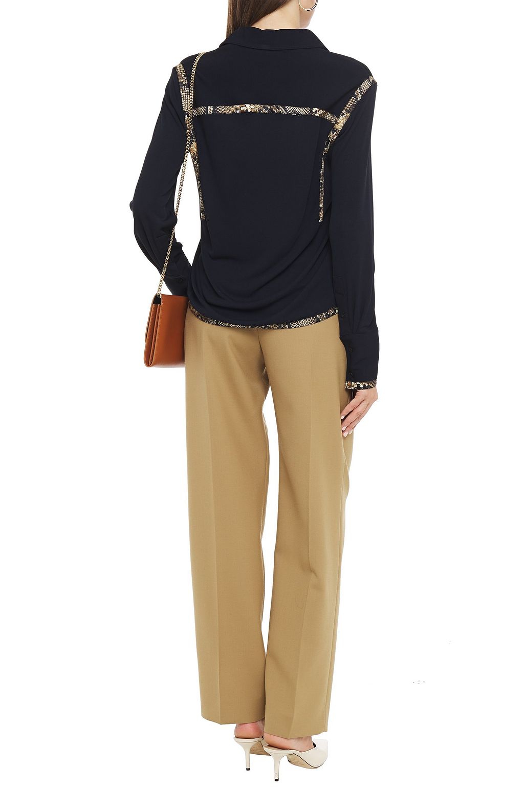 VICTORIA BECKHAM Snake-print twill-trimmed stretch-jersey shirt