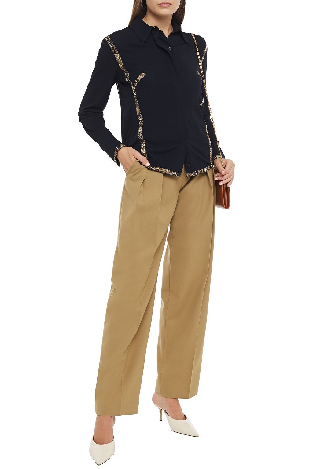 VICTORIA BECKHAM Snake-print twill-trimmed stretch-jersey shirt