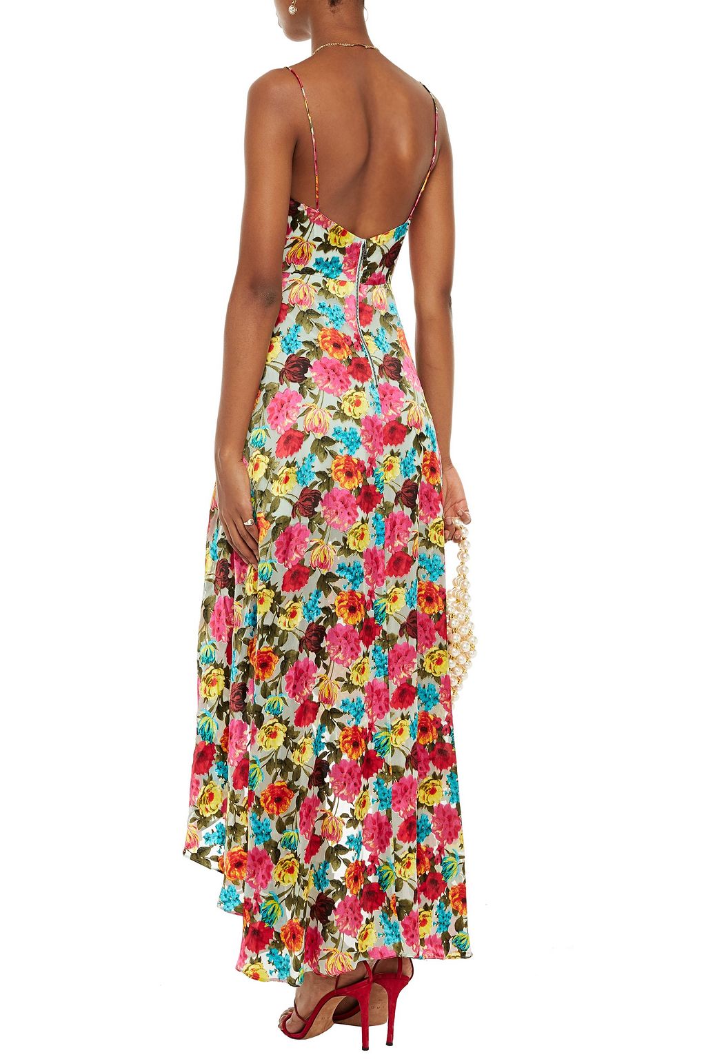 ALICE + OLIVIA Christina asymmetric floral-print burnout satin dress