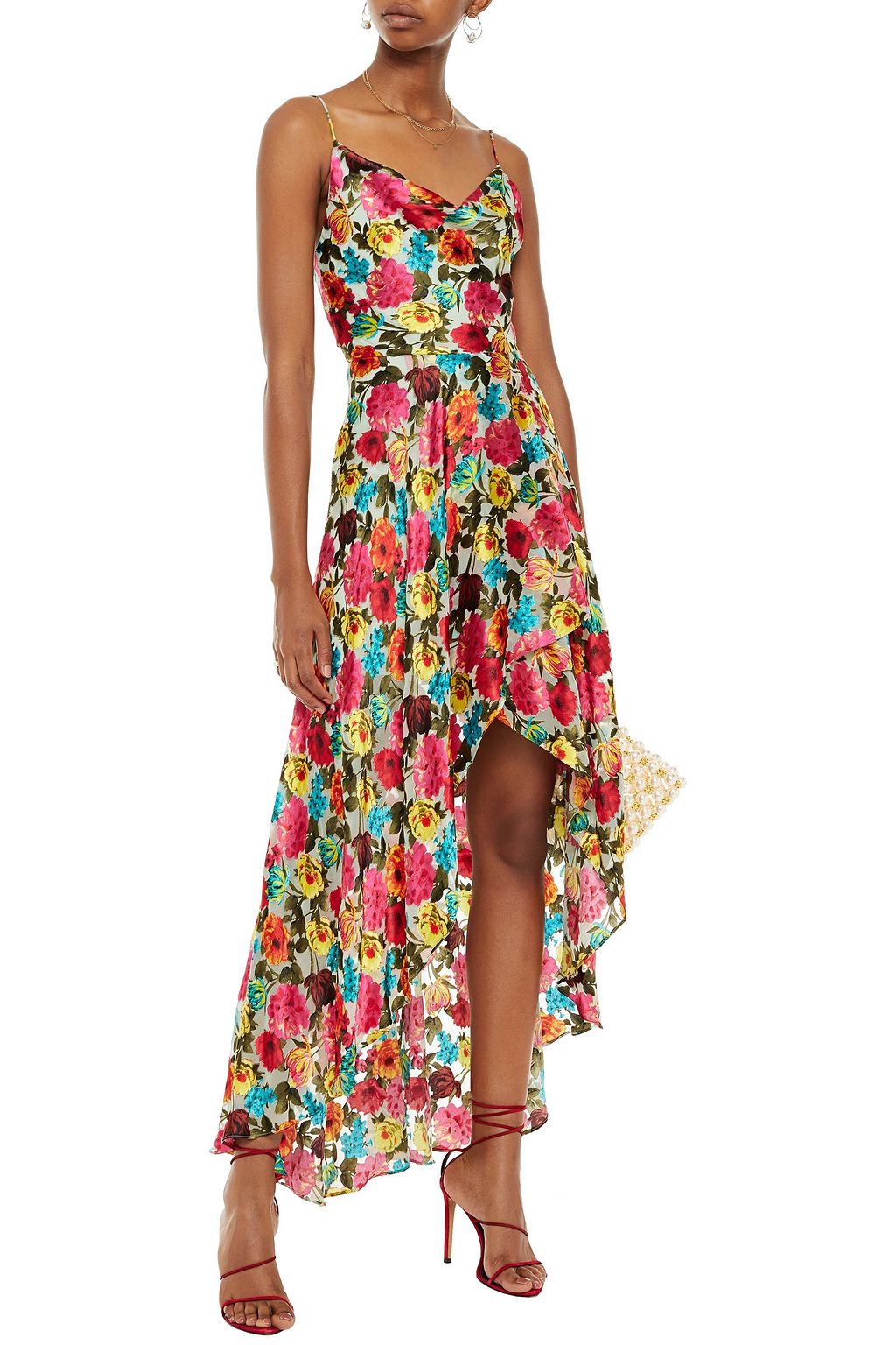ALICE + OLIVIA Christina asymmetric floral-print burnout satin dress