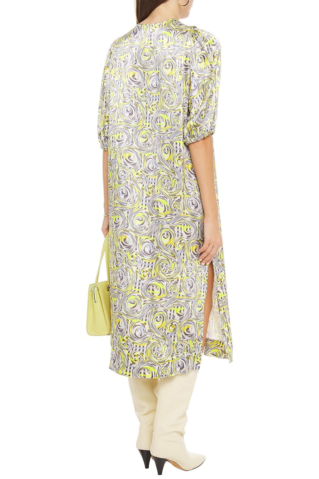 GANNI Gathered printed satin midi dress