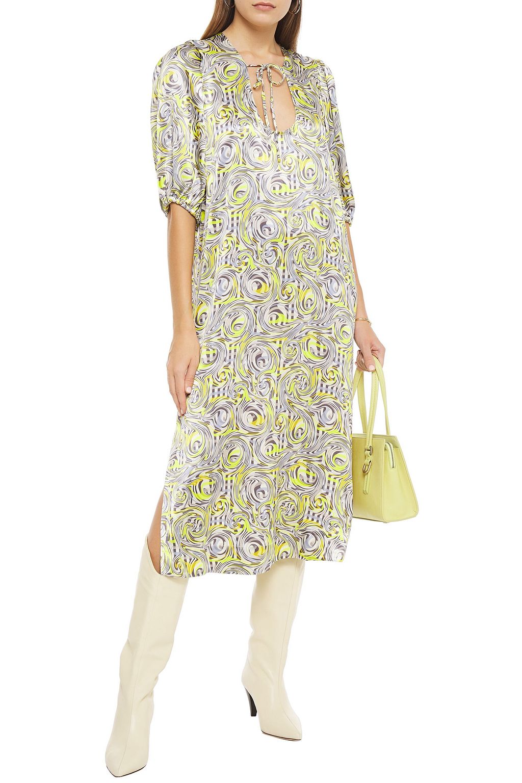 GANNI Gathered printed satin midi dress