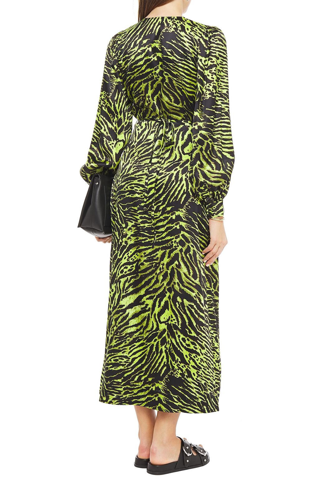 GANNI Tiger-print silk-blend satin midi wrap dress