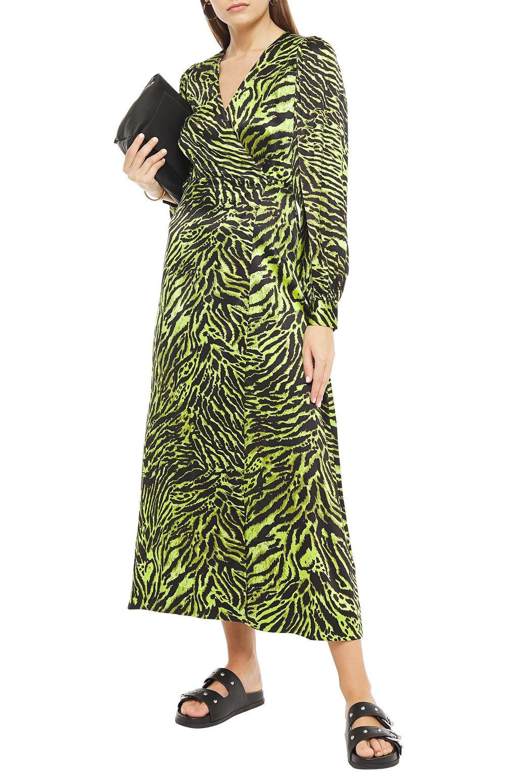 GANNI Tiger-print silk-blend satin midi wrap dress