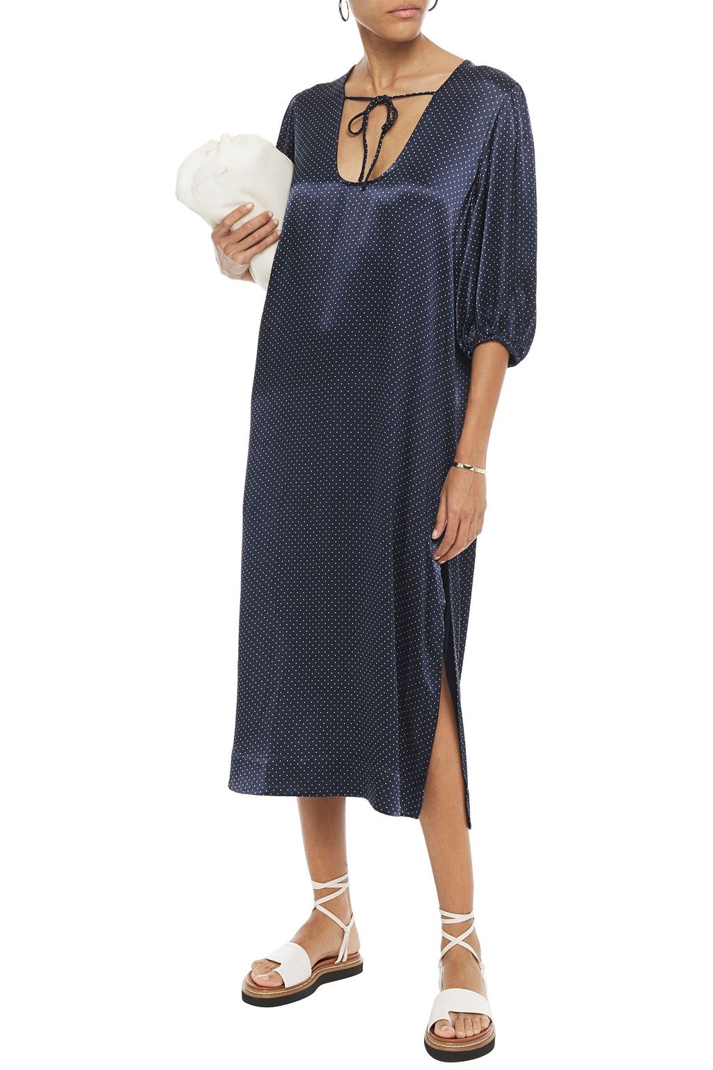 GANNI Gathered printed satin midi dress
