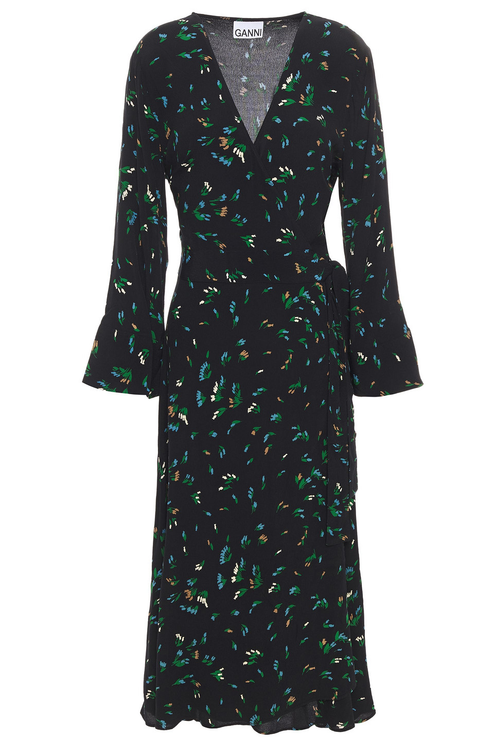 ganni - printed crepe midi wrap dress - green - eu 38