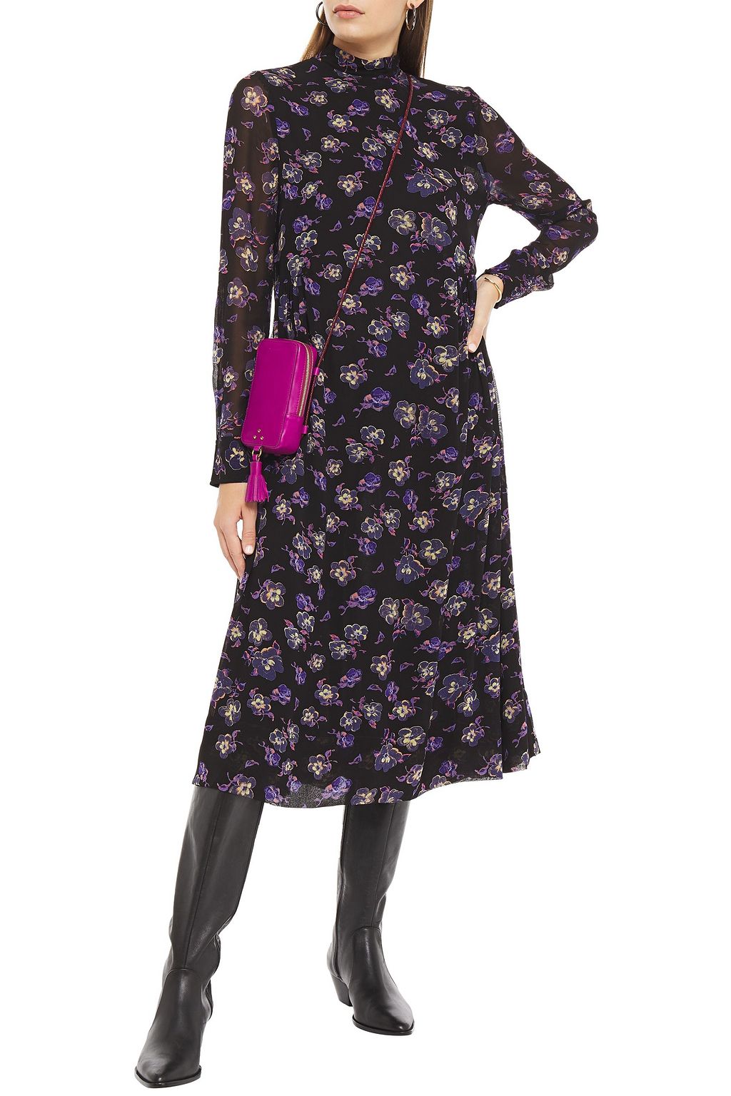 GANNI Gathered floral-print georgette midi dress