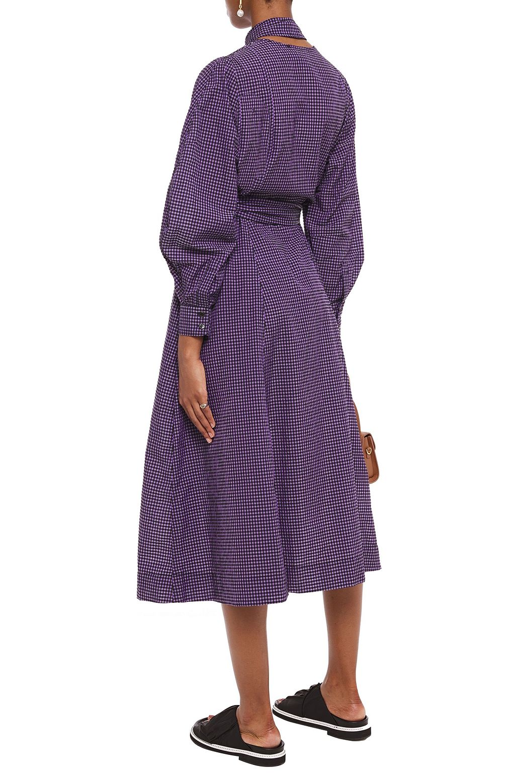 GANNI Belted gingham seersucker midi dress